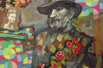 «В раздумье». 2009. ДВП, масло, коллаж. 100х80